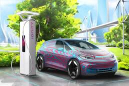 VW ID 3 an einer Ionity-Ladesäule (Computergrafik).
